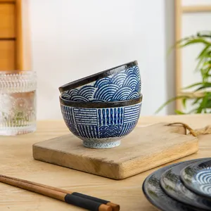 Gaya alam pedesaan porselen cat tangan 4.5 inci mangkuk sup Miso Jepang restoran mangkuk nasi keramik