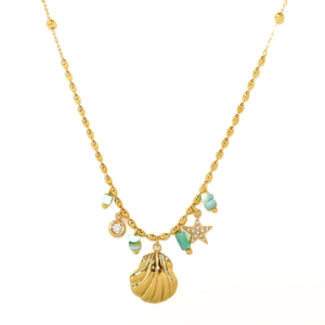 Collier en acier inoxydable plaqué or 18 carats avec pendentifs coquillages et étoiles de mer, thème Hawaï, pour vacances à la plage et voyages - Product Image 1