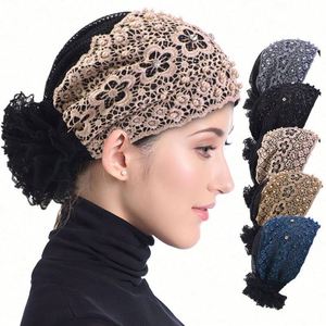 Nouveau design de turban musulman pour femmes, style fleurs en dentelle, respirant, avec accessoires en strass, multifonctionnel pour l'extérieur - Product Image 1