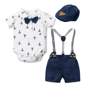 Ensemble bébé garçon été : barboteuse imprimé ancre, short et chapeau - Product Image 1