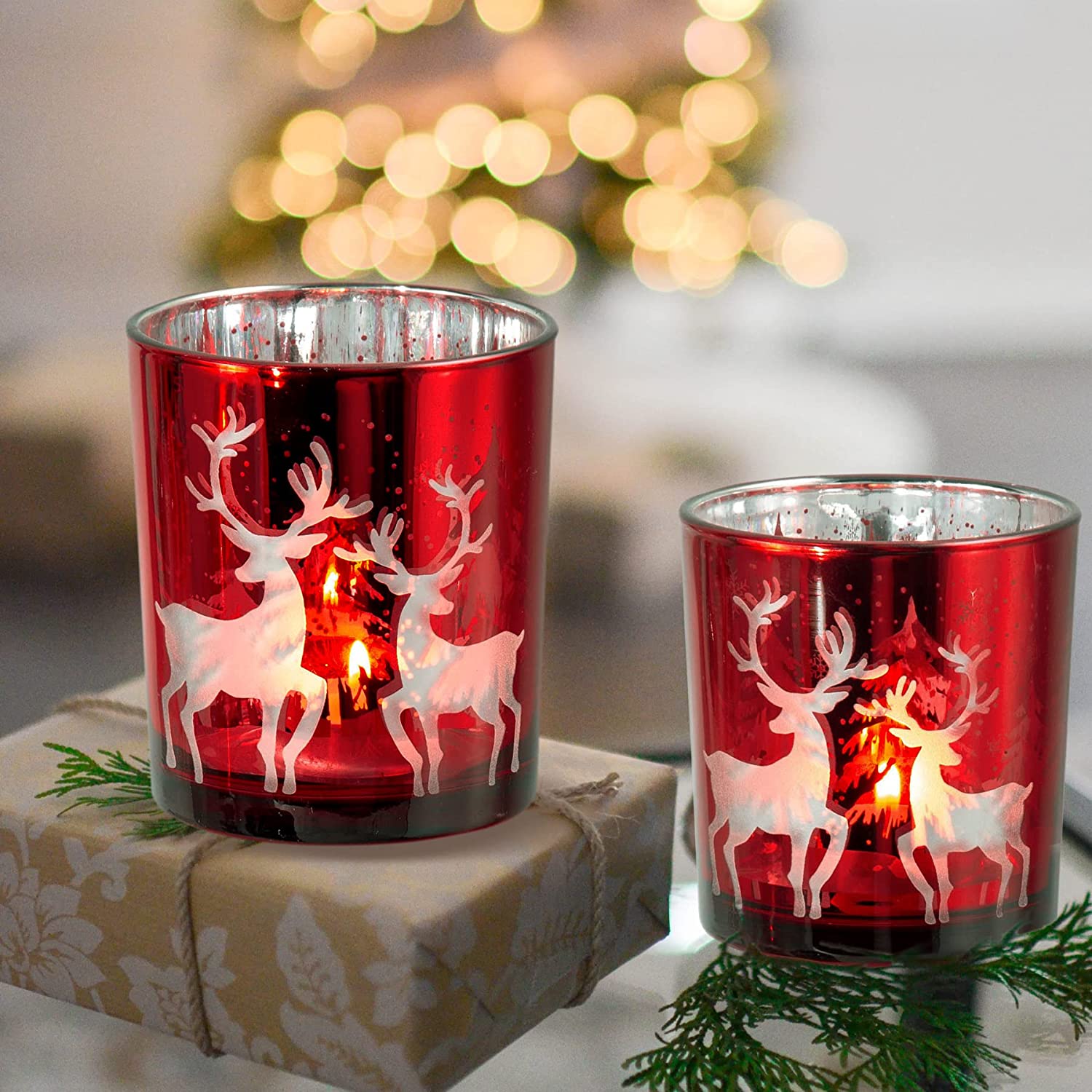 Christmas Votive Candle Holders Set of 3, Glass Tea Light Holder for Christmas Holiday Wedding Party
