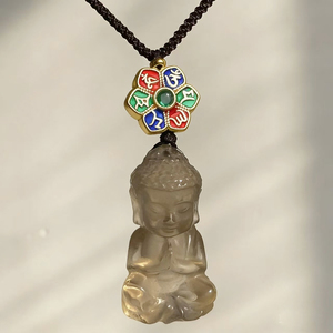 Colgante de Buda de Cuarzo Ahumado Natural de 4 cm con Esmalte Colorido, Mantra de Seis Palabras, Cuentas de Aleación, Collar de Joyería Budista Tibetana - Product Image 1