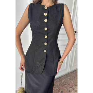 Chaleco de Lino Jacquard Ajustado a la Cintura, Negro, Top sin Mangas para Mujer, Talla S - Product Image 4