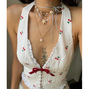 <span class=keywords><strong>Top</strong></span> <span class=keywords><strong>Halter</strong></span> Y2K con Estampado de Cerezas, Lazo de Encaje, Escote en V y Espalda Descubierta para Mujer, Colección Verano 2026, Estilo Resort y Urbano, con Plumas y Borlas, <span class=keywords><strong>Top</strong></span> Corto <span class=keywords><strong>Blanco</strong></span> - Product Image 2