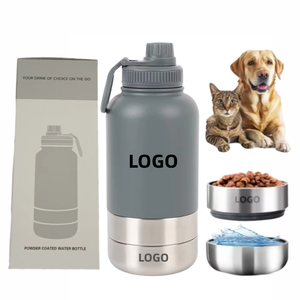 شعار مخصص 32 أونصة محمولة من الفولاذ المقاوم للصدأ زجاجة مياه للحيوانات الأليفة 3 في 1 أنيقة للسفر في الهواء الطلق معزول نظام شرب للكلاب والقطط - Product Image 1
