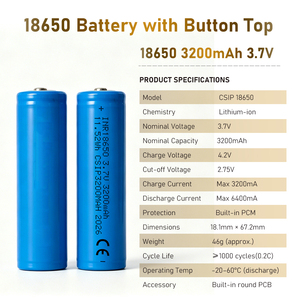 Beschermde 18650 3200mAh 3.7V lithium-ion batterij met knopcontact, INR18650 3.2Ah Li-Ion batterijen met ingebouwde printplaat - Product Image 2