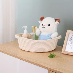 White Cotton <b>Rope</b> Woven <b>Storage</b> <b>Baskets</b> Set Of 5 Rectangle Handmade Toy Organizer For Children And Snacks - Product Image 3