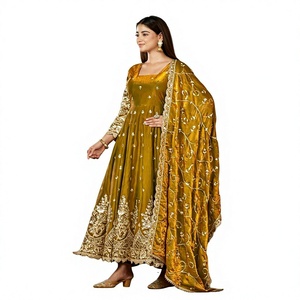 YELLOW Silk Anarkali <b>Suit</b> With Embroidered Dupatta Traditional Indian <b>Wedding</b> <b>Dress</b> <b>Women</b> Floor-Length Loose Fit - Product Image 1