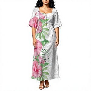 Popular Custom Traditional Heat-Transfer Printed <b>Tropical</b> Hibiscus Palm Leaf Print Square Neck Long Maxi <b>Dress</b> Women Half Sleeve - Product Image 3