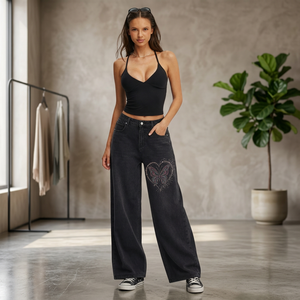 Unisex Fashion Wide Leg <b>Denim</b> Jeans with embroidered graphic decorative embroidery - Product Image 3