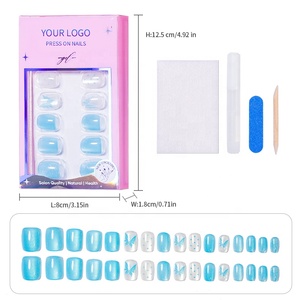 Uñas Postizas de Ojo de Gato Azul, Forma Corta Cuadrada, Diseño de Puntos y Mariposas, Uñas Postizas de Cobertura Completa, 32 Piezas con Pegamento - Product Image 1