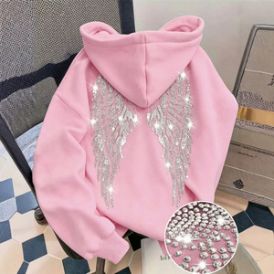 Rhinestone Angel Wings Hoodie Unisex Maroon Cotton Knitted Casual Autumn Pullover Sweatshirt, Custom Rhinestone Craft Available - Product Image 2