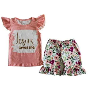 Rts Groothandel Hot Koop Tiener Meisje Bloemen Kleding Kids Fashion Flutter Mouw Jesus Love Me Shirts Set Meisjes Kleding 6 tot 14 Jaar