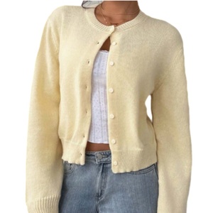 <span class=keywords><strong>Cardigan</strong></span> corto con collo a girocollo <span class=keywords><strong>giallo</strong></span> lavorato a maglia con <span class=keywords><strong>Cardigan</strong></span> corto con bottone Casual Chic per la primavera autunnale - Product Image 1