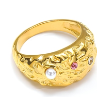 Bague élégante en or 18 carats et plaqué or rose avec pierre de perle pour femme, surface texturée épaisse, bijoux en acier inoxydable résistant à l'eau
