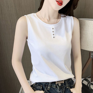 Women Sleeveless Vest White Solid Color Buttons Micro Elasticity Summer Casual Wear Base Layer Top - Product Image 1