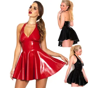 Vestido corto Sexy de piel sintética para mujer, vestido negro y rojo ajustado