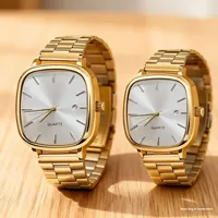 Montres à Bracelet en Acier Inoxydable Rétro Argent Calendrier Véritable Carré Sensation Haut de Gamme Unisexe Amoureux Navetteur Brique d'Or Quartz