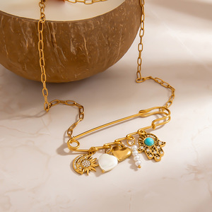 Collar de cadena de acero inoxidable con dijes, chapado en oro de 18 quilates, cadena para clavícula para mujer, joyería de moda. - Product Image 2