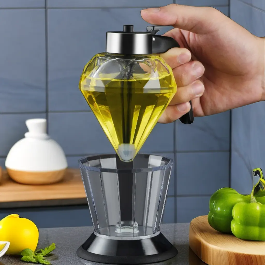 Utensili da cucina di alta qualità modalità diamante liquido senza gocciolamento vetro sciroppo di miele vasetto di cottura olio d'oliva Dispenser con supporto