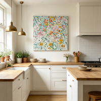 Peinture florale impressionniste lumineuse et aérienne à l'impasto, peinte à la main, œuvre d'art originale à l'huile, maisons modernes, intérieurs côtiers scandinaves