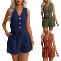 Ensemble tunique et short large en lin uni, style décontracté, col en V, pour femme, idéal été et trajets quotidiens (inspiration européenne et américaine)