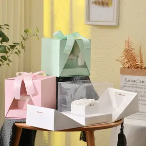 Cajas de regalo de flores de papel de embalaje personalizado caja de pastel de flores plegable con lazo al por mayor para flores y amor