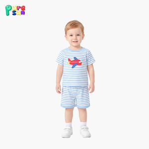 Pyjama d'été pour garçons Puresun à rayures imprimées, manches courtes, appliqué, 100% coton biologique, pyjama 2 pièces personnalisé pour garçons - Product Image 1