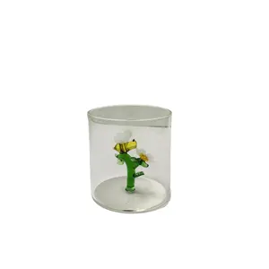 custom made heat-resistant glass coffee cup juice cup clear square glass cup with flower and bee