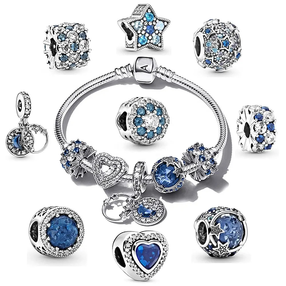Hot Sale New Ladies Jewelry Original Pandoraer Blue Sterling Silver Beads Charms DIY Creative Matching plata bracelet