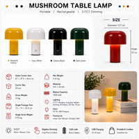 Lámpara de Mesa Recargable con Forma de Hongo, Control Táctil, Regulable, 3 Temperaturas de Color, Inalámbrica, Luz de Noche para Mesita de Noche, Carga USB-C