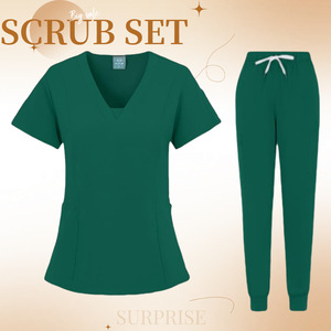 Women Scrub Set V-Neck Short Sleeve Knitted Split Uniform For Hospital Work <b>Clothes</b> - Product Image 2