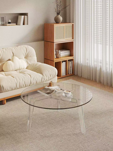 Table basse ronde moderne avec plateau en verre trempé et pieds en bois, design mi-siècle, meubles de salon, facile à nettoyer - Product Image 2