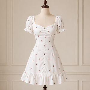 Robe mini blanche brodée cerisier à manches bouffantes, coupe trapèze, col cœur, ajustée, en coton, décontractée d'été, logo personnalisé - Product Image 1