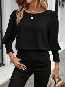 2025 Nouvelle Blouse <span class=keywords><strong>Femme</strong></span> Grande Taille à Manches Évêque Smockées, Coupe Ample, Couleur Unie, Col Rond, Style Bohème <span class=keywords><strong>Chic</strong></span> - Product Image 3