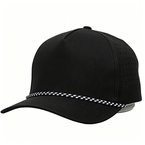 Casquette de golf élégante en polyester imperméable à 5 panneaux avec patch PVC personnalisé et décoration en corde - Product Image 2