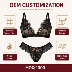 Conjunto de lencería sexy al por mayor para mujer: bralette de encaje negro con cuello en V pronunciado, braga tanga con cierre dorado festoneado y volantes de malla push-up con aros. - Product Image 4