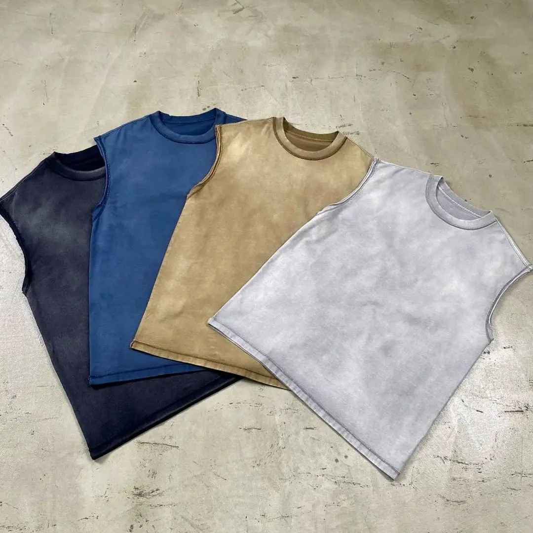 Streetwear Design Custom Cotton Tank Tops Sports Wear Men's Cropped Ribbed Acid Wash Tank Top