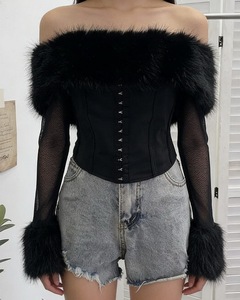 Znoe <span class=keywords><strong>Mao</strong></span> T-shirt à manches longues pour femme, <span class=keywords><strong>col</strong></span> mandarin, empiècements en maille aux épaules, coupe ajustée, style court et mignon, avec ceinture style 'Spice' - Product Image 1