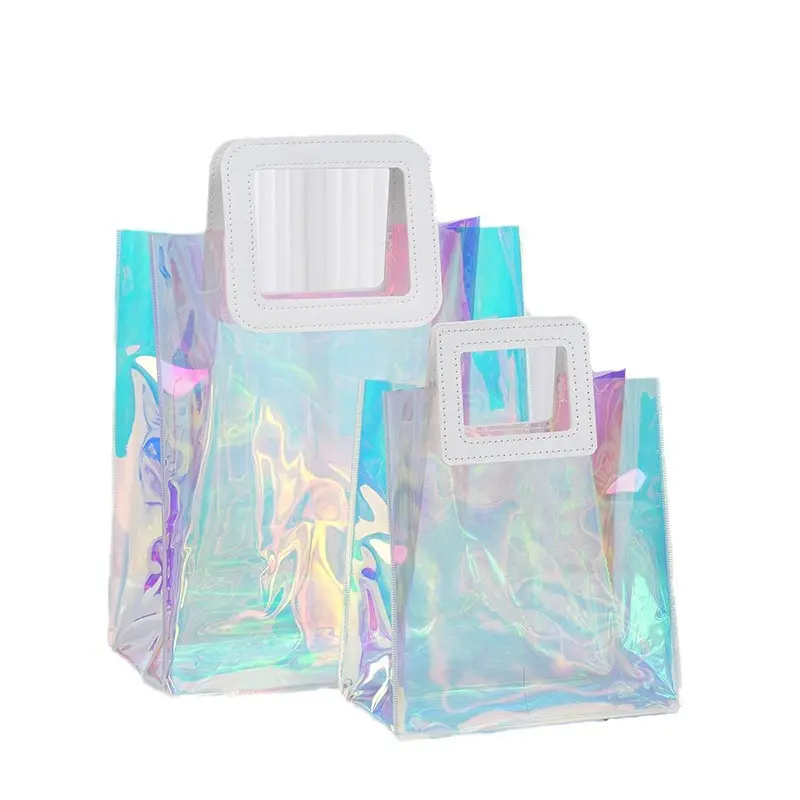 Logo personnalisable de sac à provisions magique transparent imprimé au laser en PVC coloré sur un sac cadeau fourre-tout en plastique Transparent