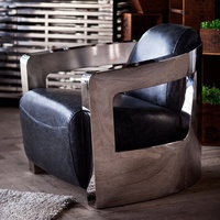 Fauteuil club aviateur de style rétro classique avec cuir grainé et accoudoirs en acier inoxydable, structure en bois massif, ensemble de meubles de maison en velours