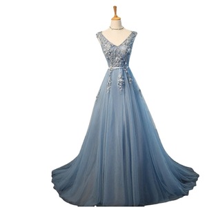 Blue Long Evening Gown Women V Neck Sequined Stage Performance Dress Solid Color Polyester Fabric - Product Image 4