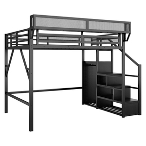 Industrial Metal Loft <b>Bed</b> Full Size with Sofa and <b>Storage</b> Shelf <b>Black</b> Frame Bedroom Furniture - Product Image 6