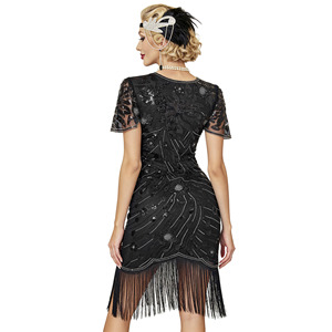 Robe de bal Gatsby brodée à franges, robe de cocktail à sequins et perles, en maille, col en V, style fourreau vintage, grandes tailles - Product Image 4