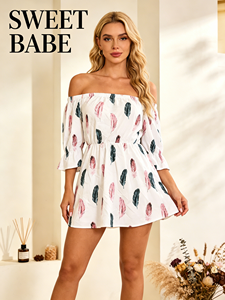 Off Shoulder White Feather Print Mini Dress for Women - Casual Summer A-Line Dress with Bell Sleeves and Elastic Waist - Product Image 1