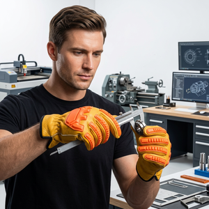 Gants de sécurité en cuir anti-choc avec doigts texturés en micro-diamants orange en relief, antidérapants, à manchette droite - Product Image 2