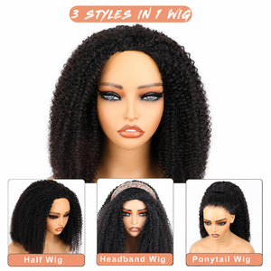 Perruque 3-en-1 mi-longue en cheveux humains, <span class=keywords><strong>afro</strong></span> crépu bouclé, avec cordon de serrage, sans colle, à clipser, fabriquée à la machine, pour femmes noires, vente en gros - Product Image 4