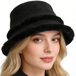 Chapeau bob en faux daim avec bordure en fourrure pelucheuse, chapeau chaud d'hiver pour femmes - Product Image 4