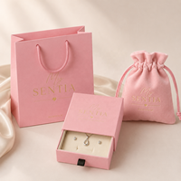 Boîte cadeau en papier rose à tiroir coulissant pour bijoux, boucles d'oreilles, bagues, colliers, avec logo personnalisé, pochette et sac de shopping