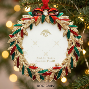Metal <b>Christmas</b> Wreath Ornament 2.5x2.5 In Red Green Gold Classic Style Indoor Decor Handcrafted Round Design - Product Image 3